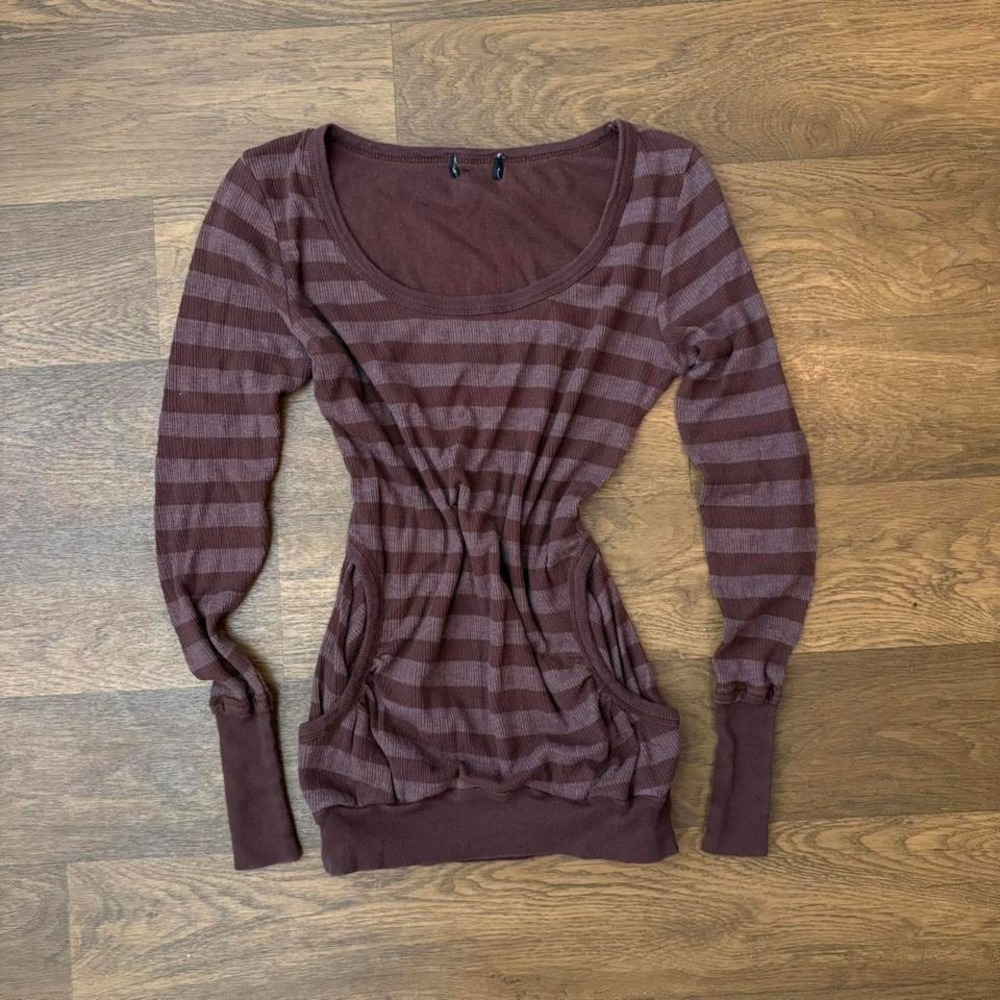 Vintage Y2K Twee Glam Emo Style Striped Wide Neck Long Sleeve Pocket T Shirt S